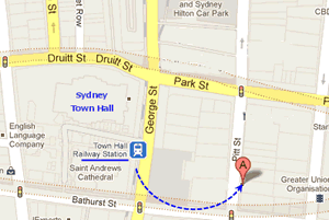 Small map of the club's Pitt Street, Sydney meeting location