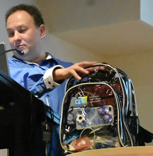 Alex shows his clear view CES backpack